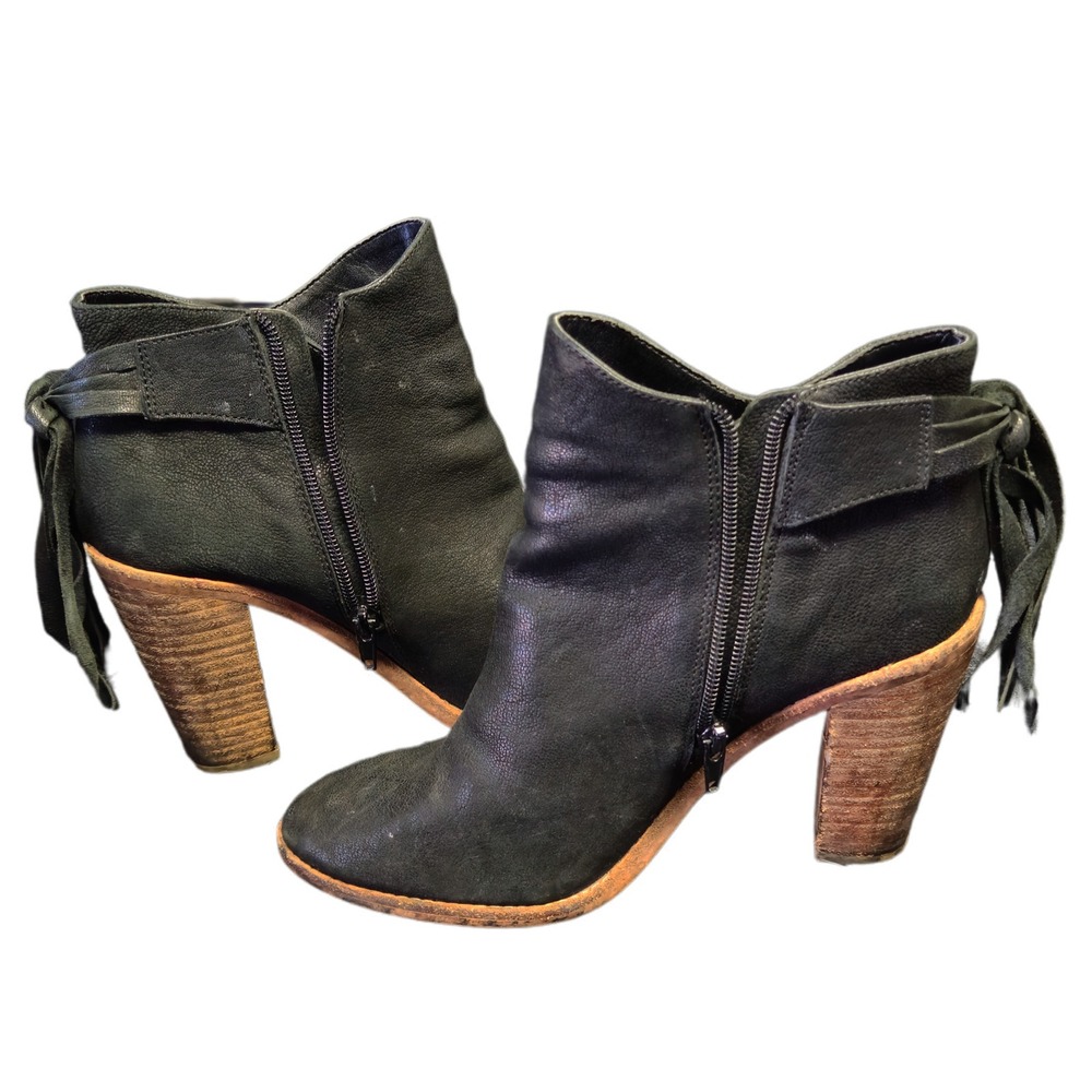 Vince Camuto Linford Black Leather Fringe Tie Back Ankle Boots Block Heel Boho